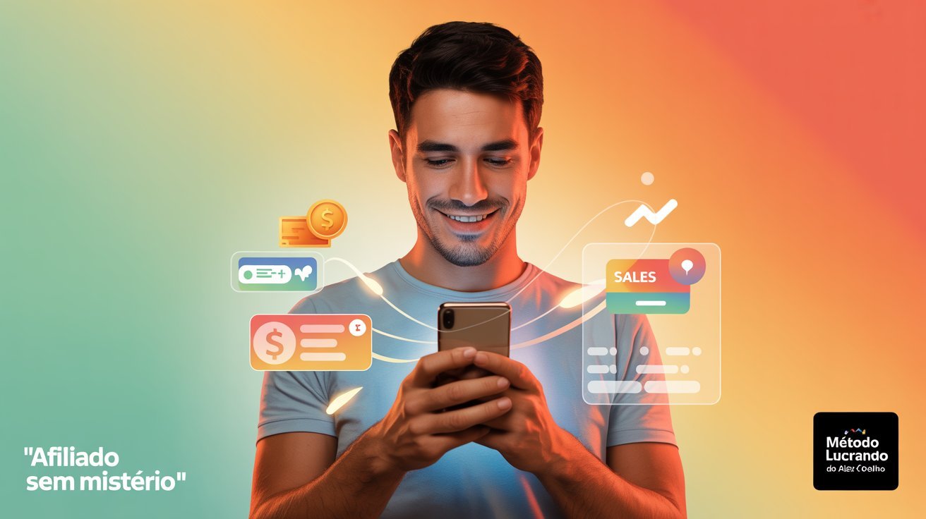 Jovem usando o celular para aprender marketing digital com o Método Lucrando do Alex Coelho.