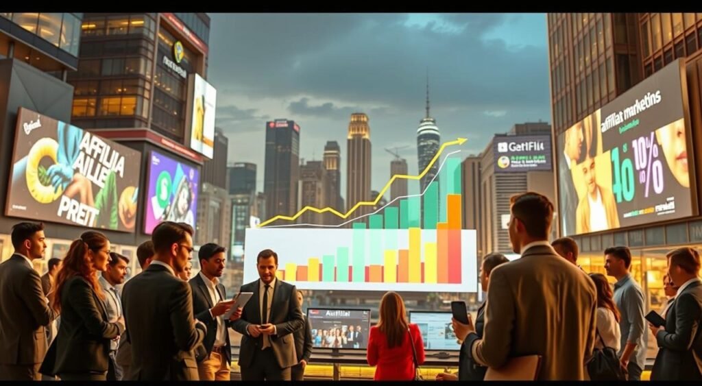 A bustling urban scene in Brazil's digital marketing landscape, showcasing the growth of affiliate marketing. In the foreground, a diverse group of professionals in smart business attire are engaged in lively discussions, with laptops and digital devices in hand, analyzing data and trends. The middle layer features vibrant charts and graphs displaying the rising statistics of affiliate marketing growth, illuminated by soft, warm lighting. The background captures a panoramic view of a modern city skyline, with digital billboards showcasing popular affiliate platforms. The atmosphere feels energetic and optimistic, symbolizing innovation and collaboration in the Brazilian market, with a focus on connectivity and technology. The composition is framed with a slightly elevated angle to emphasize the dynamic environment.