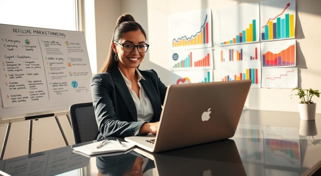 A confident young woman in a professional business outfit, sitting at a sleek desk with a laptop open in front of her, focused on digital marketing strategies. She is surrounded by colorful charts and graphs representing affiliate marketing trends on the wall behind her. The lighting is bright and inviting, with natural sunlight streaming through a window, casting soft shadows. To the left, a whiteboard showcases an outline of steps for beginners to follow in affiliate marketing, filled with illustrations and bullet points. The atmosphere is motivational and productive, evoking a sense of empowerment and possibility for beginner affiliate marketers without an existing audience. The camera angle is slightly elevated, capturing both the subject and the lively workspace efficiently.