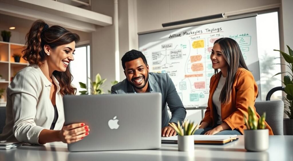 A cozy, inviting workspace illustrating affiliate marketing for beginners. In the foreground, a diverse group of three professionals—a Caucasian woman, a Black man, and a Hispanic woman—are gathered around a sleek laptop, enthusiastically discussing strategies. They are dressed in smart casual attire. The middle ground includes a whiteboard filled with colorful diagrams and notes about digital marketing tactics and social media strategies. The background features a bright, modern office space with natural light streaming in through large windows, giving the scene an uplifting atmosphere. Soft shadows enhance the professionalism of the setting, while the overall mood conveys collaboration and innovation in a friendly, supportive environment.