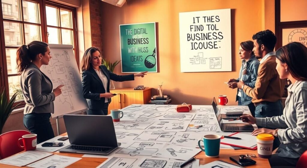 A creative workspace filled with vibrant colors and modern elements, featuring a diverse group of professionals brainstorming over a large table covered with sketches and notes for digital business ideas. In the foreground, a woman in professional attire points to a whiteboard filled with diagrams and flow charts, while a man in casual business clothing takes notes. The middle ground showcases a laptop with diagrams of digital platforms and apps, surrounded by coffee cups and technology gadgets. In the background, large windows let in warm, natural light, illuminating a motivational poster about entrepreneurship on the wall. The atmosphere is energetic and inspiring, reflecting collaboration and innovation in finding digital business ideas.