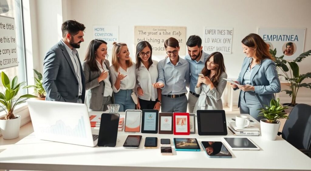 A dynamic and engaging digital workspace scene, illustrating the advantages of selling digital products online. In the foreground, a diverse group of professionals, dressed in smart casual attire, are enthusiastically discussing and analyzing sales graphs displayed on a modern laptop. In the middle, a sleek desk filled with digital tools like tablets and smartphones showcases various digital product icons, such as e-books, courses, and software. The background features a bright, airy office space with motivational quotes on the walls and plants, conveying an atmosphere of productivity and innovation. Soft, natural lighting floods the scene from large windows, creating a warm and inviting mood, emphasizing the ease and potential of online selling.