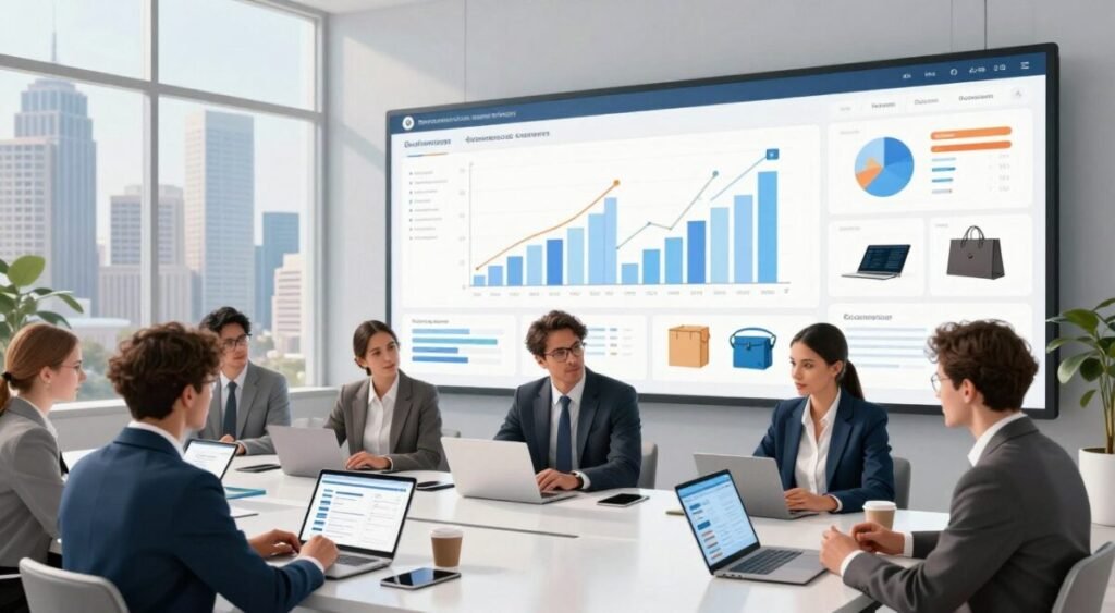 A dynamic and visually engaging illustration representing the evolution of e-commerce. In the foreground, a diverse group of professionals in business attire is discussing e-commerce strategies around a sleek table filled with digital devices like laptops and tablets, showcasing online marketplaces. The middle ground features a large digital screen displaying graphs and charts that highlight e-commerce growth, along with diverse product images. In the background, a bustling modern city skyline is visible through a large window, symbolizing the global reach of online sales. The lighting is bright and inviting, creating a sense of optimism and opportunity. The overall mood is energetic and forward-thinking, capturing the essence of embarking on an online selling journey.