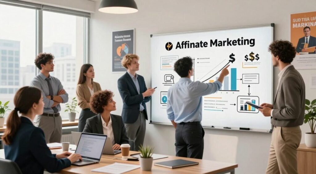 A dynamic composition illustrating the theme of affiliate marketing success. In the foreground, a diverse group of professionals in business attire, including a woman with a laptop and a man pointing at a screen displaying rising graphs and dollar signs, symbolizing profits. In the middle ground, a whiteboard filled with strategic plans and diagrams showcasing affiliate networks and marketing strategies. The background features a modern office setting with bright lighting, large windows revealing a cityscape, and motivational posters about financial success. The scene conveys a hopeful and ambitious atmosphere, highlighting teamwork and innovation. Use warm, inviting colors to enhance the positive mood of entrepreneurial spirit. A dynamic composition illustrating the theme of affiliate marketing success. In the foreground, a diverse group of professionals in business attire, including a woman with a laptop and a man pointing at a screen displaying rising graphs and dollar signs, symbolizing profits. In the middle ground, a whiteboard filled with strategic plans and diagrams showcasing affiliate networks and marketing strategies. The background features a modern office setting with bright lighting, large windows revealing a cityscape, and motivational posters about financial success. The scene conveys a hopeful and ambitious atmosphere, highlighting teamwork and innovation. Use warm, inviting colors to enhance the positive mood of entrepreneurial spirit.