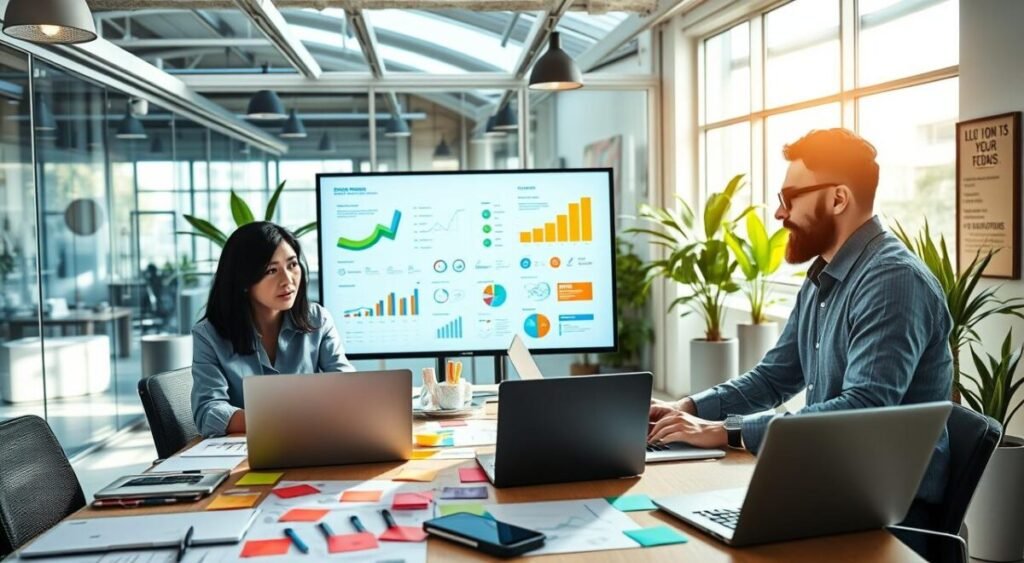 A dynamic digital marketing workspace featuring professionals collaborating on a marketing strategy. In the foreground, a diverse group of three individuals, including a woman with shoulder-length dark hair in a smart blouse and a man with a beard in a business casual shirt, are engaged in discussion around a large table filled with laptops, digital marketing charts, and colorful post-it notes. In the middle, a large screen displays various digital marketing analytics. The background showcases a modern office environment with glass walls, plants, and motivational posters. The lighting is bright and inviting, with sunlight streaming in through large windows, creating a productive atmosphere. The camera angle is slightly angled from above, emphasizing teamwork and innovation in digital marketing services.