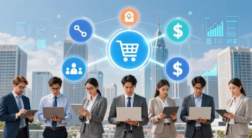 A dynamic illustration depicting the concept of affiliate marketing in a vibrant digital landscape. In the foreground, a diverse group of professionals in business attire are engaging with digital devices like laptops and tablets, analyzing data and making connections. The middle section features icons representing affiliate networks, such as links, shopping carts, and dollar signs, interconnected with glowing lines symbolizing the flow of information and transaction. In the background, a modern city skyline merges with a digital interface, showcasing graphs and analytics. The lighting is bright and optimistic, with a futuristic glow that emphasizes innovation and collaboration. The overall atmosphere is energetic and professional, highlighting the potential of affiliate marketing in the digital realm. A dynamic illustration depicting the concept of affiliate marketing in a vibrant digital landscape. In the foreground, a diverse group of professionals in business attire are engaging with digital devices like laptops and tablets, analyzing data and making connections. The middle section features icons representing affiliate networks, such as links, shopping carts, and dollar signs, interconnected with glowing lines symbolizing the flow of information and transaction. In the background, a modern city skyline merges with a digital interface, showcasing graphs and analytics. The lighting is bright and optimistic, with a futuristic glow that emphasizes innovation and collaboration. The overall atmosphere is energetic and professional, highlighting the potential of affiliate marketing in the digital realm.