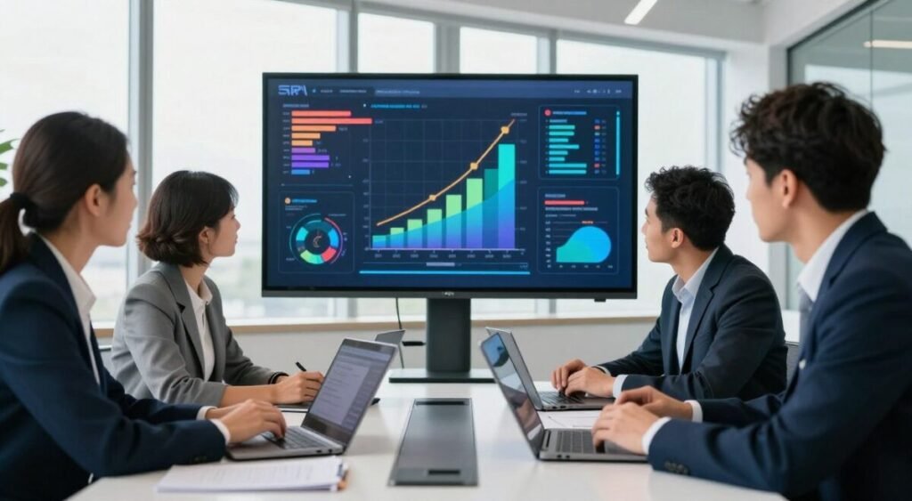 A dynamic scene illustrating strategic planning for digital businesses. In the foreground, a diverse group of three professionals, dressed in business attire, gathered around a sleek conference table, deep in discussion and analyzing data on laptops and tablets. In the middle, a large digital screen displays colorful graphs and flowcharts, highlighting growth strategies and digital marketing plans. The background features a modern office with large windows letting in natural light, creating a bright, optimistic atmosphere. The overall mood is one of collaboration and focus, emphasizing innovation and future potential. The composition should be well-lit, capturing the energy of the brainstorming session, with a lens angle that provides a clear view of the group’s interaction and the digital elements on display.