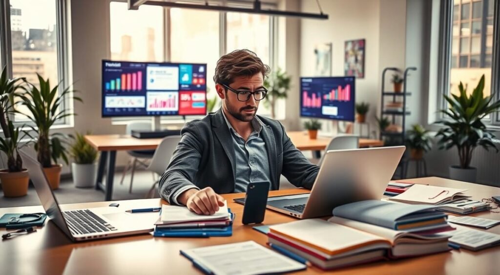 A dynamic social media manager at work in a modern office environment. In the foreground, a focused individual, wearing smart casual attire, is seated at a sleek desk cluttered with a laptop, smartphone, and notebooks filled with ideas and strategies. In the middle ground, there are vibrant screens displaying various social media platforms with charts and engagement statistics. The background showcases a bright, inviting office space with plants and motivational posters. Soft, natural light pours in from large windows, creating a warm atmosphere. The image captures a sense of creativity, professionalism, and the fast-paced world of social media management, conveying energy and engagement in their role.