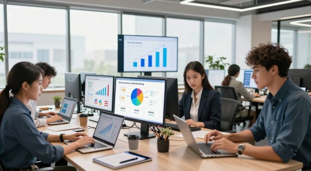 A dynamic workspace scene depicting the concept of affiliate marketing and online sales commissions. In the foreground, show a diverse group of professionals, dressed in smart casual attire, engaged in collaboration over laptops and tablets, illustrating teamwork in a vibrant office environment. The middle layer should feature infographics and charts on screens that highlight sales growth, conversion rates, and commission structures, conveying digital marketing strategies. The background can include a modern office setting with large windows, allowing natural light to flood the space, creating an atmosphere of productivity and creativity. Use a wide-angle lens perspective to capture the energy of the scene, emphasizing the importance of digital connections in earning commissions through affiliate programs. A dynamic workspace scene depicting the concept of affiliate marketing and online sales commissions. In the foreground, show a diverse group of professionals, dressed in smart casual attire, engaged in collaboration over laptops and tablets, illustrating teamwork in a vibrant office environment. The middle layer should feature infographics and charts on screens that highlight sales growth, conversion rates, and commission structures, conveying digital marketing strategies. The background can include a modern office setting with large windows, allowing natural light to flood the space, creating an atmosphere of productivity and creativity. Use a wide-angle lens perspective to capture the energy of the scene, emphasizing the importance of digital connections in earning commissions through affiliate programs.