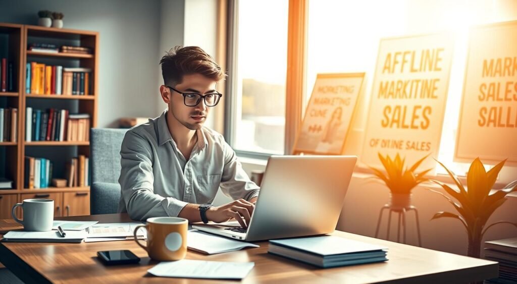 A focused, vibrant scene depicting a young, professional affiliate marketer sitting at a wooden desk, engaging with a laptop that shows an online marketing dashboard displaying graphs and product images. In the foreground, the marketer is surrounded by notes, a smartphone, and a coffee cup, highlighting an industrious atmosphere. In the middle ground, a large window allows warm, natural daylight to illuminate the workspace, casting soft shadows and creating an inviting vibe. In the background, there are bookshelves filled with marketing books and a motivational poster related to online sales. The mood is energetic and inspiring, symbolizing the journey of beginners exploring affiliate marketing. The latest technology and tools should be visible, ensuring a modern feel. The setting is professional and organized, emphasizing productivity without any distractions or clutter.