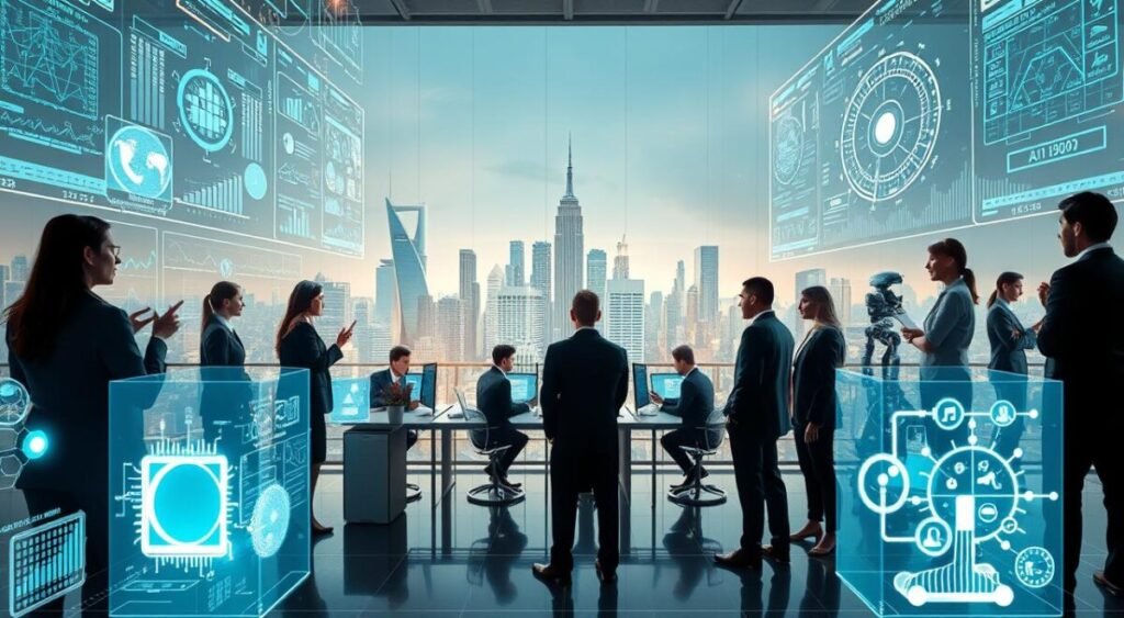 A futuristic, high-tech representation of artificial intelligence. In the foreground, a diverse group of professionals in business attire interacts with holographic displays showcasing intricate algorithms and data visualizations. In the middle ground, a sleek, modern workspace equipped with advanced computers and AI robotics can be seen, symbolizing innovation and collaboration. The background features a city skyline with intelligent architecture, emphasizing the impactful integration of AI in urban life. Soft, ambient lighting casts a warm glow, creating a thoughtful and inspiring atmosphere. Use a wide-angle lens to capture the dynamic interaction and depth of this advanced setting, evoking a sense of wonder about the possibilities of artificial intelligence.