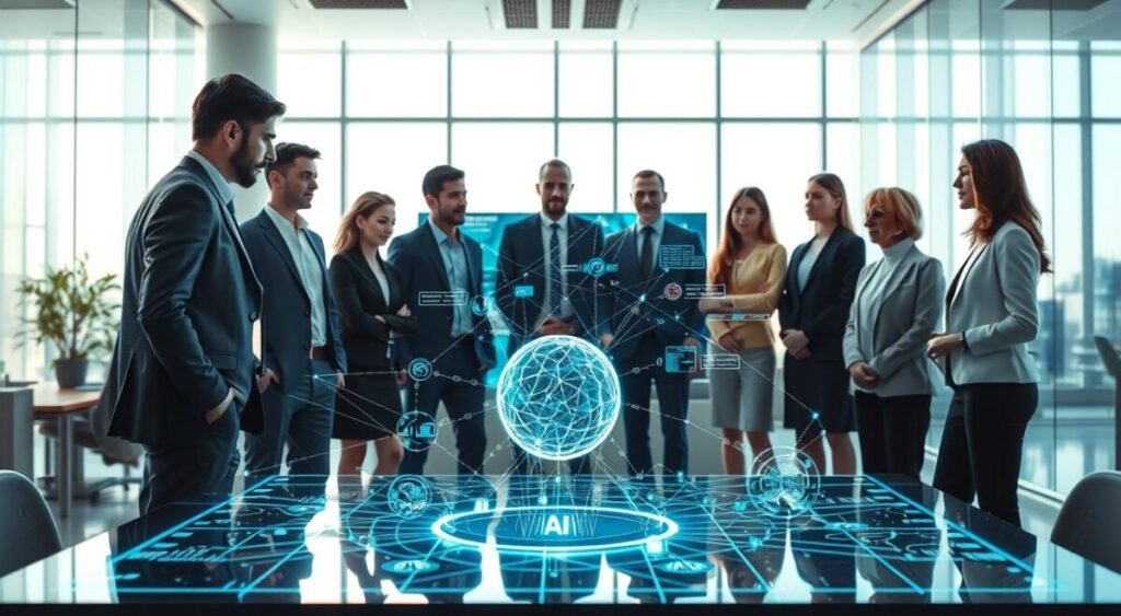A futuristic workspace showcasing the concept of artificial intelligence and generative AI. In the foreground, a diverse group of professionals, dressed in smart business attire, engages around a holographic display of interconnected neural networks and algorithmic patterns. The middle ground features a large digital screen with illustrations of machine learning processes and data analytics. In the background, a sleek, modern office environment with large windows allowing natural light to filter in, creating a bright and engaging atmosphere. The lighting should be soft yet focused, creating a sense of innovation and collaboration. A subtle blue and green color palette enhances the high-tech feel of the scene, conveying the essence of advanced technology and creativity in AI.