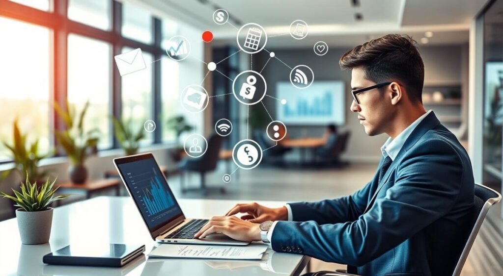 A modern digital workspace illustrating affiliate marketing concepts. In the foreground, a focused young professional in business attire sits at a sleek desk, analyzing reports on a laptop, with graphs and charts displayed on the screen. In the middle ground, various visual elements like digital marketing icons, including dollar signs, social media symbols, and connection lines, float around, symbolizing online connections and revenue generation. The background features a stylish office with large windows, letting in soft, natural light that creates an inviting atmosphere. Use a wide-angle lens effect to give depth to the scene, while maintaining bright and vibrant colors to convey energy and opportunities in digital affiliate marketing.