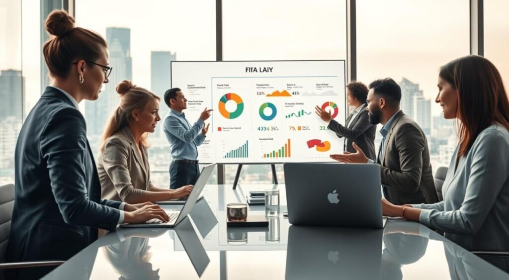 A modern, dynamic office scene showcasing diverse professionals brainstorming over a sleek conference table. In the foreground, a focused woman in a smart outfit is working on a laptop, analyzing data visualizations that symbolize income generation through AI. In the middle ground, a man gesturing enthusiastically is presenting AI strategies on a digital whiteboard filled with pie charts and graphs. The background features large windows with a view of a bustling city skyline, illuminated by soft daylight, creating an inspiring atmosphere. The overall mood is energetic and forward-thinking, embodying innovation and teamwork in harnessing artificial intelligence for financial success.