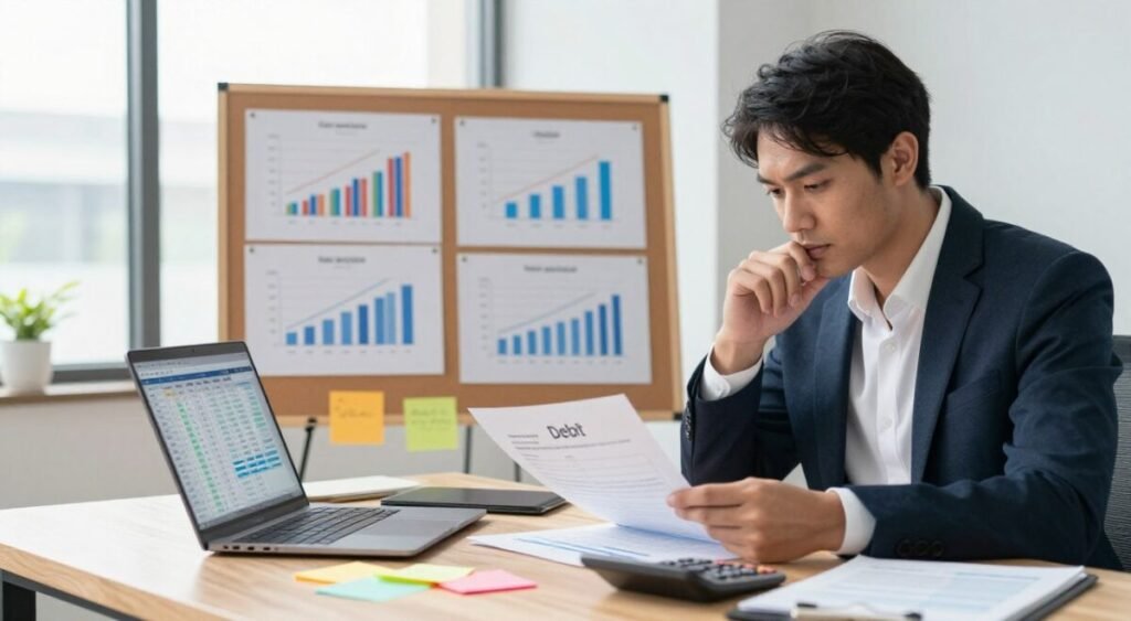 A modern financial workspace, focused on debt management and organization. In the foreground, a wooden desk with a laptop open to a budgeting spreadsheet, colorful sticky notes, and a calculator. A motivated professional, dressed in business attire, is analyzing financial documents with a thoughtful expression. In the middle, a corkboard displays neatly arranged charts and graphs illustrating debt progress. In the background, a large window lets in natural light, illuminating the room and creating a sense of clarity and focus. The overall mood is one of determination and empowerment, conveying the importance of understanding one's current financial situation to effectively manage debts. A modern financial workspace, focused on debt management and organization. In the foreground, a wooden desk with a laptop open to a budgeting spreadsheet, colorful sticky notes, and a calculator. A motivated professional, dressed in business attire, is analyzing financial documents with a thoughtful expression. In the middle, a corkboard displays neatly arranged charts and graphs illustrating debt progress. In the background, a large window lets in natural light, illuminating the room and creating a sense of clarity and focus. The overall mood is one of determination and empowerment, conveying the importance of understanding one's current financial situation to effectively manage debts.