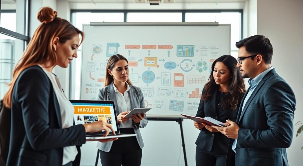 A modern office scene depicting the concept of affiliate marketing. In the foreground, a diverse group of three professionals—two women and one man—intently discussing marketing strategies, dressed in professional business attire. One woman is pointing at a laptop displaying affiliate program graphics, while the other two take notes. In the middle background, a whiteboard filled with colorful diagrams and flowcharts illustrating the affiliate marketing process, with arrows connecting various steps. Soft, natural light coming through large windows creates a bright, open atmosphere, highlighting a sense of collaboration and innovation. The overall mood is focused and inspiring, encapsulating the essence of affiliate marketing as a lucrative online business opportunity.