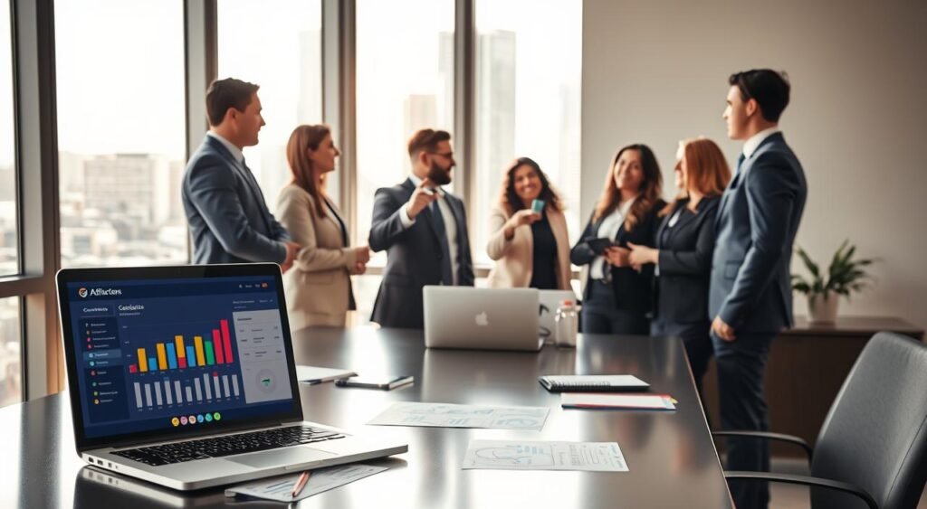 A modern office setting with a sleek desk in the foreground, featuring a laptop displaying a colorful affiliate marketing dashboard. On the desk, there are notes and charts illustrating commission statistics. In the middle ground, a diverse group of professionals, dressed in smart business attire, engage in a collaborative discussion, pointing at the screen and sharing ideas enthusiastically. The background shows a window with a cityscape, bathed in natural sunlight, creating a vibrant and motivational atmosphere. Use soft, warm lighting to improve the welcoming mood. Capture the scene from a slightly elevated angle, emphasizing the teamwork and innovation involved in affiliate marketing. A modern office setting with a sleek desk in the foreground, featuring a laptop displaying a colorful affiliate marketing dashboard. On the desk, there are notes and charts illustrating commission statistics. In the middle ground, a diverse group of professionals, dressed in smart business attire, engage in a collaborative discussion, pointing at the screen and sharing ideas enthusiastically. The background shows a window with a cityscape, bathed in natural sunlight, creating a vibrant and motivational atmosphere. Use soft, warm lighting to improve the welcoming mood. Capture the scene from a slightly elevated angle, emphasizing the teamwork and innovation involved in affiliate marketing.