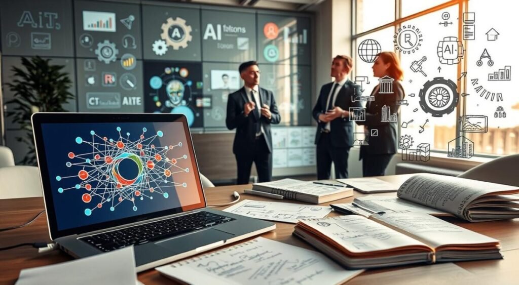 A modern workspace filled with essential artificial intelligence concepts. In the foreground, an open laptop displays a colorful graphic of a neural network, while notebooks filled with handwritten notes and sketches of AI algorithms lay scattered on the desk. In the middle ground, a diverse group of three professionals, dressed in smart business attire, are engaged in an animated discussion, reviewing the AI concepts. They are surrounded by digital screens showcasing various informative AI symbols like gears, circuits, and data streams. The background reveals a bright, minimalist office environment with large windows allowing natural light to flood in, creating an inspiring atmosphere. The overall mood is one of curiosity and eagerness, inviting beginners to explore the foundational ideas of artificial intelligence.