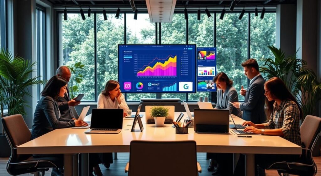 A professional, modern workspace showcasing the benefits of online affiliate product sales. In the foreground, a diverse group of individuals, dressed in smart casual attire, collaborate around a sleek, minimalist desk covered with laptops, digital charts, and product images. In the middle, a large monitor displays graphs illustrating growth and success in affiliate marketing, with vibrant colors that evoke positivity. The background features an elegant office environment with greenery, soft natural lighting filtering in through large windows, creating a warm and inviting atmosphere. The overall mood is dynamic and optimistic, emphasizing collaboration and entrepreneurial spirit in the digital marketplace, with a focus on professionalism and innovation.