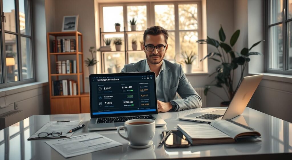 A professional person sitting at a sleek desk in a well-lit home office, displaying a laptop with commissions displayed on the screen. In the foreground, a cup of coffee or tea sits alongside financial documents and a smartphone showing notifications of online earnings. The middle ground depicts shelves with books about finance and entrepreneurship, along with potted plants for a touch of greenery. The background features large windows with natural light streaming in, creating a warm and inviting atmosphere. Soft, bright lighting enhances the scene, making it feel productive and optimistic. The overall mood should convey motivation, success, and the potential of earning online commissions.