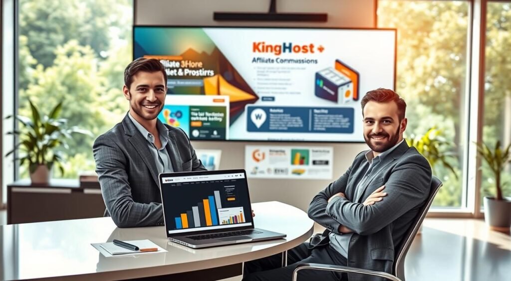 A professional scene depicting the KingHost Affiliate Program, featuring a modern office setup. In the foreground, a confident business professional, dressed in smart casual attire, sits at a sleek desk with a laptop displaying the KingHost website. On the desk, colorful charts and graphs represent affiliate commissions and website analytics. The middle layer shows a large wall screen displaying promotional graphics about website hosting and affiliate opportunities. The background features large windows with daylight streaming in, creating a bright, inviting atmosphere. Soft focus on vibrant greenery outside hints at growth and prosperity. Emphasize a professional yet approachable mood, with warm lighting to create a welcoming environment. No text, watermarks, or signatures present in the composition. A professional scene depicting the KingHost Affiliate Program, featuring a modern office setup. In the foreground, a confident business professional, dressed in smart casual attire, sits at a sleek desk with a laptop displaying the KingHost website. On the desk, colorful charts and graphs represent affiliate commissions and website analytics. The middle layer shows a large wall screen displaying promotional graphics about website hosting and affiliate opportunities. The background features large windows with daylight streaming in, creating a bright, inviting atmosphere. Soft focus on vibrant greenery outside hints at growth and prosperity. Emphasize a professional yet approachable mood, with warm lighting to create a welcoming environment. No text, watermarks, or signatures present in the composition.