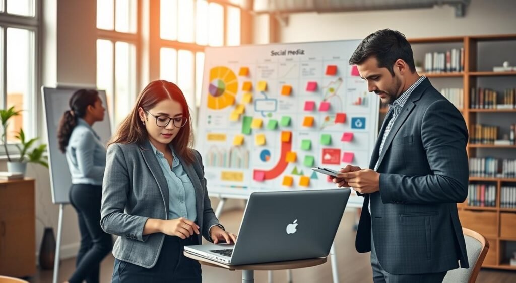 A professional setting showcasing a diverse group of individuals collaborating on social media management strategies. In the foreground, a confident young woman dressed in smart casual attire is reviewing analytics on a laptop, while a man in a business suit takes notes on a notepad. The middle ground features a whiteboard filled with colorful charts and post-it notes, representing marketing strategies and timelines. The background is an open office with modern décor, large windows letting in warm natural light, and shelves of books on digital marketing. The overall atmosphere is one of teamwork and innovation, conveying a sense of purpose and creativity in the social media landscape.