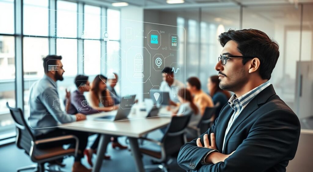 A professional setting showcasing a diverse group of people collaboratively engaging with artificial intelligence technology. In the foreground, a thoughtful individual, dressed in smart casual attire, interacts with a holographic interface displaying various AI applications. In the middle, a modern conference table is surrounded by colleagues from different backgrounds, discussing ideas and analyzing data on laptops. The background features a sleek office space with large windows, allowing natural light to flood in, creating a bright and inviting atmosphere. The mood is one of innovation and teamwork, highlighting the practical use of AI in a professional context. The camera angle is slightly elevated, giving a comprehensive view of the engaging scene without any text or characters in focus.