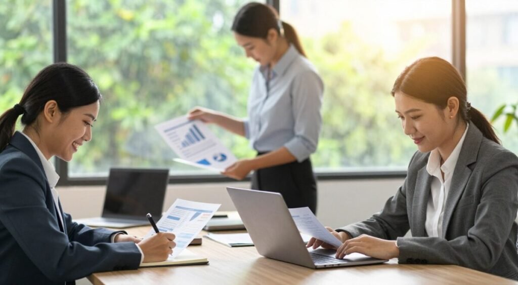 A serene and focused scene depicting a diverse group of three individuals in a modern office environment, all dressed in professional business attire. In the foreground, a woman joyfully reviewing her finances on a laptop, while a man beside her is jotting down notes on a notepad. In the middle ground, another person, a woman, is organizing documents and charts that illustrate budgeting strategies. The background features a large window with natural sunlight streaming in, casting a warm glow over the workspace, enhancing a productive atmosphere. The overall mood is optimistic and collaborative, suggesting a positive journey towards financial management and debt resolution, with soft focus on the vibrant greenery outside, symbolizing growth and renewal. A serene and focused scene depicting a diverse group of three individuals in a modern office environment, all dressed in professional business attire. In the foreground, a woman joyfully reviewing her finances on a laptop, while a man beside her is jotting down notes on a notepad. In the middle ground, another person, a woman, is organizing documents and charts that illustrate budgeting strategies. The background features a large window with natural sunlight streaming in, casting a warm glow over the workspace, enhancing a productive atmosphere. The overall mood is optimistic and collaborative, suggesting a positive journey towards financial management and debt resolution, with soft focus on the vibrant greenery outside, symbolizing growth and renewal.