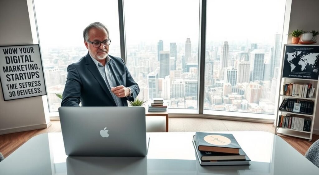 A successful digital entrepreneur in a modern office environment, standing confidently with a laptop open on a sleek desk. The foreground features the entrepreneur, a middle-aged person in smart-casual attire, engaged in a video conference, showcasing their leadership. In the middle ground, motivational posters and books about digital marketing and startups adorn the office walls. The background reveals a large window with a panoramic view of a vibrant city skyline, symbolizing opportunity and growth. Soft, natural light floods the room, creating a warm, inviting atmosphere. The angle is slightly from above, emphasizing the entrepreneur's focus and determination. This scene encapsulates the essence of beginning a digital business journey in 2026.
