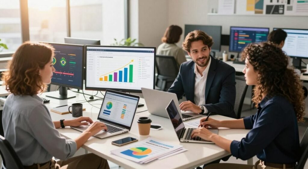 A vibrant and dynamic workspace scene showcasing popular Brazilian affiliate program themes. In the foreground, a diverse group of three professionals (a woman in smart casual attire, a man in a business suit, and another woman in a sleek blouse) are discussing their strategies around a modern desk cluttered with laptops, brochures, and coffee mugs. In the middle ground, colorful charts and graphs illustrate rising sales, while screens display statistics related to online marketing. The background features a stylish office setting with large windows letting in warm sunlight, casting a positive glow over the scene. The mood is collaborative and energetic, conveying the essence of thriving online business opportunities in Brazil. The composition is shot from a slightly elevated angle to capture the entire setting effectively. A vibrant and dynamic workspace scene showcasing popular Brazilian affiliate program themes. In the foreground, a diverse group of three professionals (a woman in smart casual attire, a man in a business suit, and another woman in a sleek blouse) are discussing their strategies around a modern desk cluttered with laptops, brochures, and coffee mugs. In the middle ground, colorful charts and graphs illustrate rising sales, while screens display statistics related to online marketing. The background features a stylish office setting with large windows letting in warm sunlight, casting a positive glow over the scene. The mood is collaborative and energetic, conveying the essence of thriving online business opportunities in Brazil. The composition is shot from a slightly elevated angle to capture the entire setting effectively.