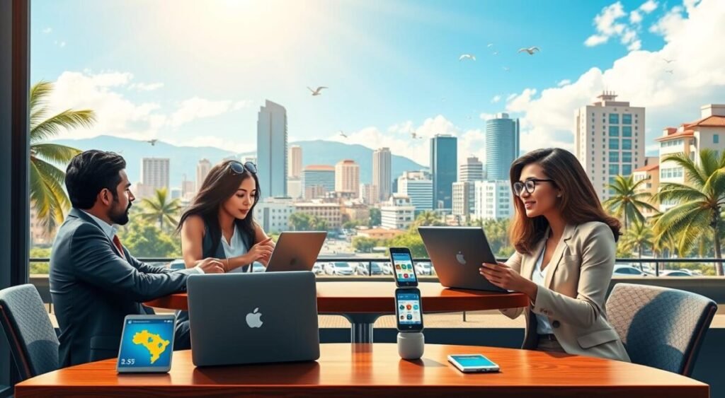 A vibrant and engaging scene illustrating affiliate marketing in Brazil. In the foreground, a diverse group of three professionals—a man and two women—actively discussing strategies while seated at a stylish café table, all dressed in smart business attire. In the middle ground, digital devices like laptops and smartphones display various e-commerce platforms and statistics, symbolizing online transactions. The background features a lively Brazilian cityscape, showcasing iconic elements like palm trees and colorful buildings, under a bright blue sky with soft, warm sunlight pouring in. The mood is energetic and collaborative, emphasizing the modern and dynamic nature of online sales and commission-based marketing.