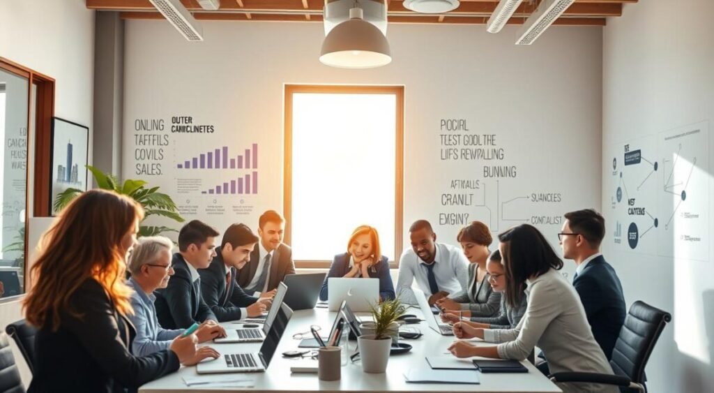 A vibrant and inspiring workspace scene depicting the advantages of being a digital affiliate. In the foreground, a diverse group of professional individuals, dressed in smart business attire, are engaged in a collaborative discussion around a modern desk filled with laptops, smartphones, and digital marketing materials. The middle ground features a large window allowing natural sunlight to flood the space, illuminating charts and graphs on a nearby wall that showcase growth and success. The background should include motivational quotes and visual representations of online sales (like arrows and network connections) to symbolize the digital landscape. The atmosphere is optimistic and dynamic, conveying a sense of achievement and teamwork, with a soft focus to enhance the inviting feel of the office environment.
