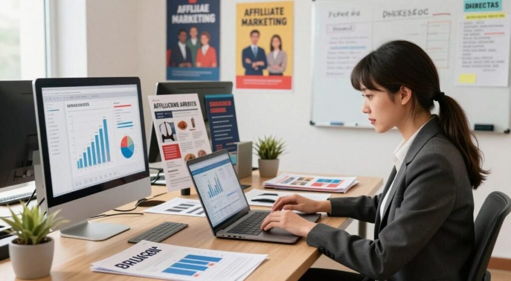 A vibrant digital workspace scene depicting affiliate marketing in action. In the foreground, a confident professional woman in business attire is focused on her laptop, analyzing data, with graphs and charts reflecting sales and commissions on the screen. In the middle, a desktop cluttered with marketing materials, such as brochures and flyers featuring various products, is visible, enhancing the atmosphere of busy productivity. In the background, motivational posters about sales and teamwork adorn the walls, along with a whiteboard filled with strategic notes. Soft, natural lighting illuminates the space, creating a warm, inviting atmosphere. The angle captures a dynamic view of the workspace, emphasizing engagement and activity, while maintaining a sleek, modern aesthetic. A vibrant digital workspace scene depicting affiliate marketing in action. In the foreground, a confident professional woman in business attire is focused on her laptop, analyzing data, with graphs and charts reflecting sales and commissions on the screen. In the middle, a desktop cluttered with marketing materials, such as brochures and flyers featuring various products, is visible, enhancing the atmosphere of busy productivity. In the background, motivational posters about sales and teamwork adorn the walls, along with a whiteboard filled with strategic notes. Soft, natural lighting illuminates the space, creating a warm, inviting atmosphere. The angle captures a dynamic view of the workspace, emphasizing engagement and activity, while maintaining a sleek, modern aesthetic.