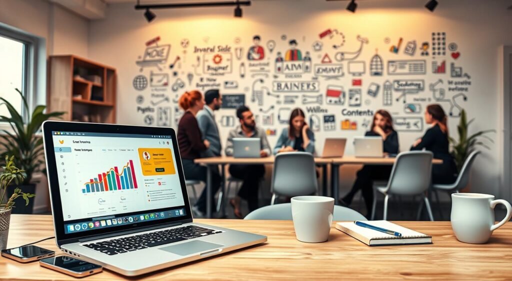 A vibrant, modern workspace scene depicting online business ideas. In the foreground, a laptop open to a colorful dashboard of e-commerce metrics, surrounded by tools of digital entrepreneurship like a smartphone, notepad, and coffee cup. The middle layer features a diverse group of professionals in smart-casual attire engaged in a brainstorming session, showcasing collaboration and innovation. In the background, an inspiring wall adorned with visual illustrations of business concepts, like digital marketing, dropshipping, and content creation. Soft, ambient lighting creates a welcoming atmosphere, while a wide-angle perspective emphasizes the dynamic environment. The overall mood is motivational and future-oriented, ideal for the theme of investing in online business opportunities for 2026.