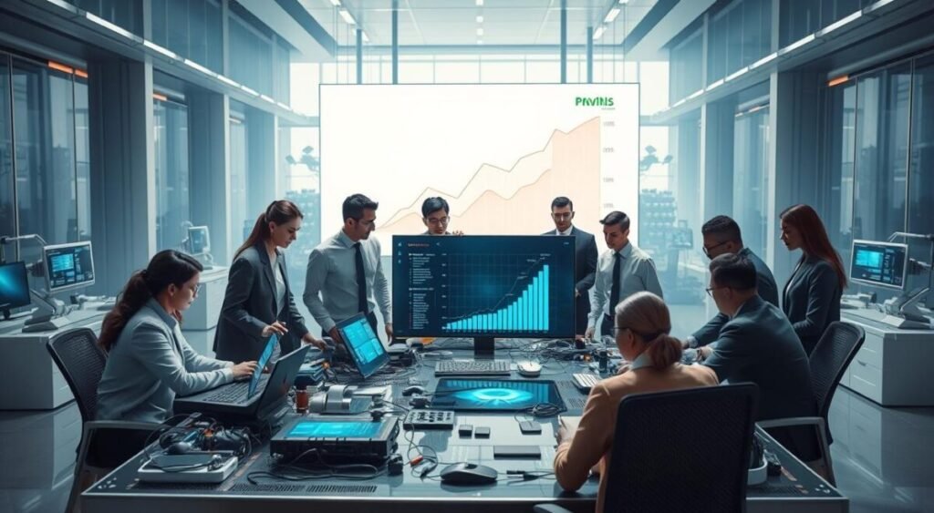 A visually captivating scene illustrating the concept of artificial intelligence generating income. In the foreground, a diverse group of professionals, dressed in business attire, actively collaborating around a high-tech table cluttered with futuristic gadgets and digital interfaces displaying data analytics. The middle ground features a large screen with a dynamic graph showing rising profits, symbolizing financial growth. The background reveals a modern office environment with sleek architecture and automated AI systems in action, with soft ambient lighting creating a productive atmosphere. The overall mood is optimistic and innovative, showcasing the potential of AI to unlock new revenue streams.