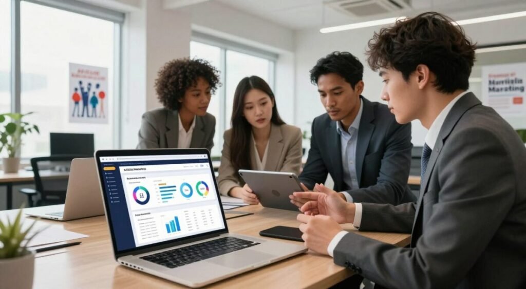 A visually engaging illustration of affiliate marketing platforms, set in a modern office environment. In the foreground, display a sleek laptop with a vivid dashboard showcasing analytics and charts related to affiliate marketing performance. In the middle, include a diverse group of three professionals in smart business attire, engaging in a discussion around a digital tablet, collaborating and brainstorming strategies effectively. In the background, feature a bright office space with large windows letting in natural light, adorned with motivational posters about teamwork and success. The mood is dynamic and collaborative, emphasizing innovation and professionalism. Use soft lighting to create a welcoming atmosphere, captured from an eye-level angle, focusing on the interaction between the professionals and their digital tools. A visually engaging illustration of affiliate marketing platforms, set in a modern office environment. In the foreground, display a sleek laptop with a vivid dashboard showcasing analytics and charts related to affiliate marketing performance. In the middle, include a diverse group of three professionals in smart business attire, engaging in a discussion around a digital tablet, collaborating and brainstorming strategies effectively. In the background, feature a bright office space with large windows letting in natural light, adorned with motivational posters about teamwork and success. The mood is dynamic and collaborative, emphasizing innovation and professionalism. Use soft lighting to create a welcoming atmosphere, captured from an eye-level angle, focusing on the interaction between the professionals and their digital tools.