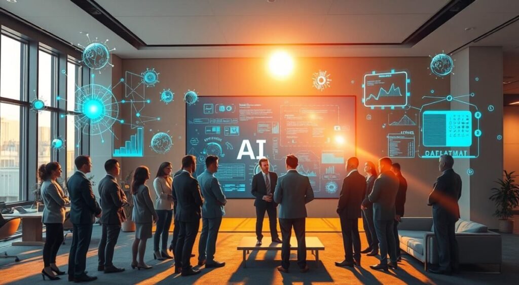 A visually engaging scene illustrating the fundamentals of artificial intelligence. In the foreground, a diverse group of people dressed in professional business attire, deeply engaged in a discussion, surrounded by floating holographic representations of neural networks and data analytics. In the middle ground, a large digital screen displaying intricate algorithms and AI concepts, glowing blue and green. The background features a modern office environment with sleek furniture and large windows letting in warm, natural light, creating a vibrant atmosphere. Soft shadows enhance the depth, while a subtle lens flare adds a touch of technological elegance. The mood is collaborative and inspiring, capturing the essence of learning and innovation in artificial intelligence.