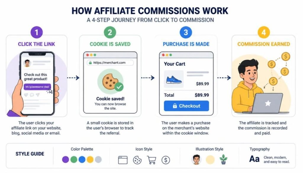Como Divulgar Link de Afiliado: 15 Estratégias Gratuitas e Pagas Para Gerar Tráfego e Fazer Suas Primeiras Vendas em 2026 2 Fluxo do link de afiliado: clique, cookie salvo no navegador, compra e comissão paga