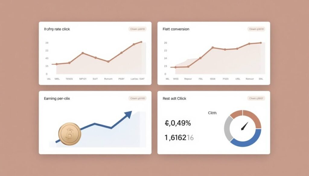 Como Divulgar Link de Afiliado: 15 Estratégias Gratuitas e Pagas Para Gerar Tráfego e Fazer Suas Primeiras Vendas em 2026 6 Painel com gráficos das métricas de afiliado: CTR, conversão, EPC e ROAS