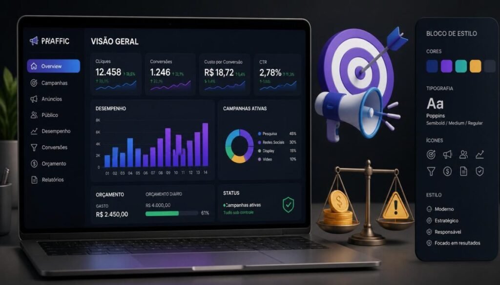 Como Divulgar Link de Afiliado: 15 Estratégias Gratuitas e Pagas Para Gerar Tráfego e Fazer Suas Primeiras Vendas em 2026 4 Painel de anúncios com gráficos e orçamento representando tráfego pago para afiliados