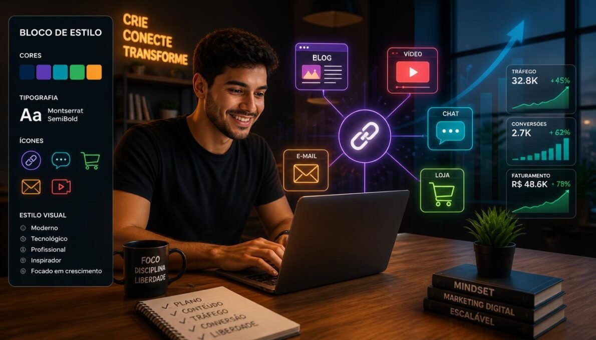 Empreendedor no notebook com ícones de canais usados para como divulgar link de afiliado
